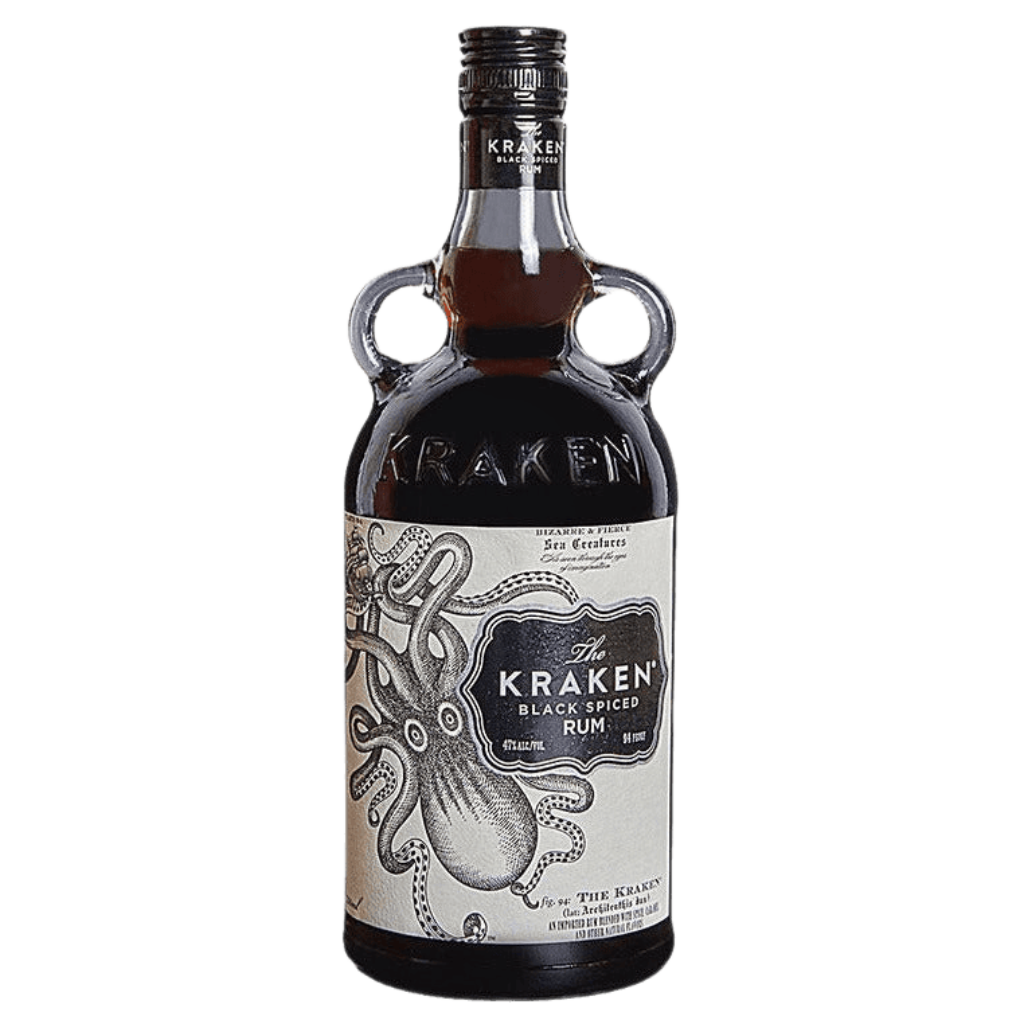 “Kraken Black Spiced Rum 750ML bottle with black label and dual-handle design”