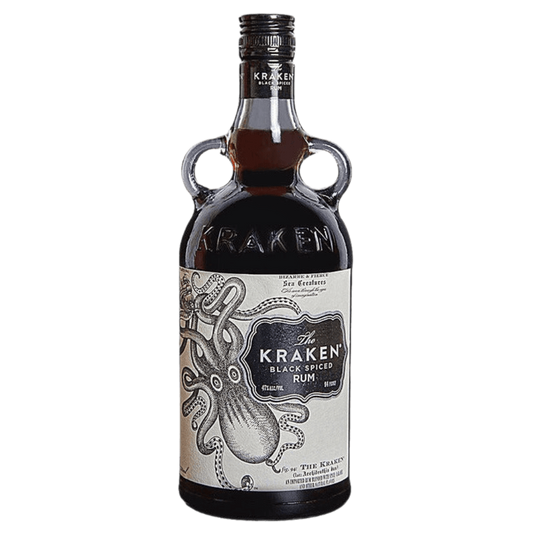 “Kraken Black Spiced Rum 750ML bottle with black label and dual-handle design”
