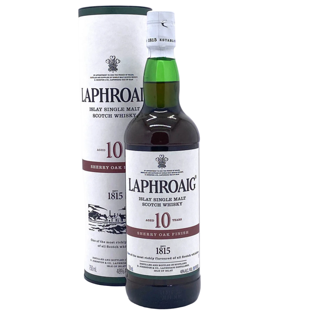 "Laphroaig 10 Years Old Sherry Oak Finish Islay Scotch Whisky 750ML bottle with premium packaging and sherry cask details."