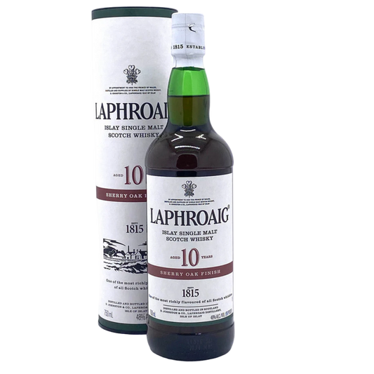 "Laphroaig 10 Years Old Sherry Oak Finish Islay Scotch Whisky 750ML bottle with premium packaging and sherry cask details."