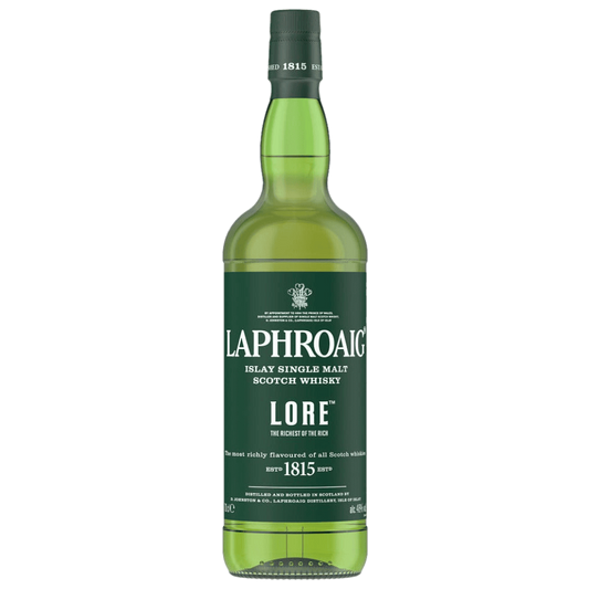“Bottle of Laphroaig Lore Islay Single Malt Scotch Whisky 750ML with dark label and premium packaging.”