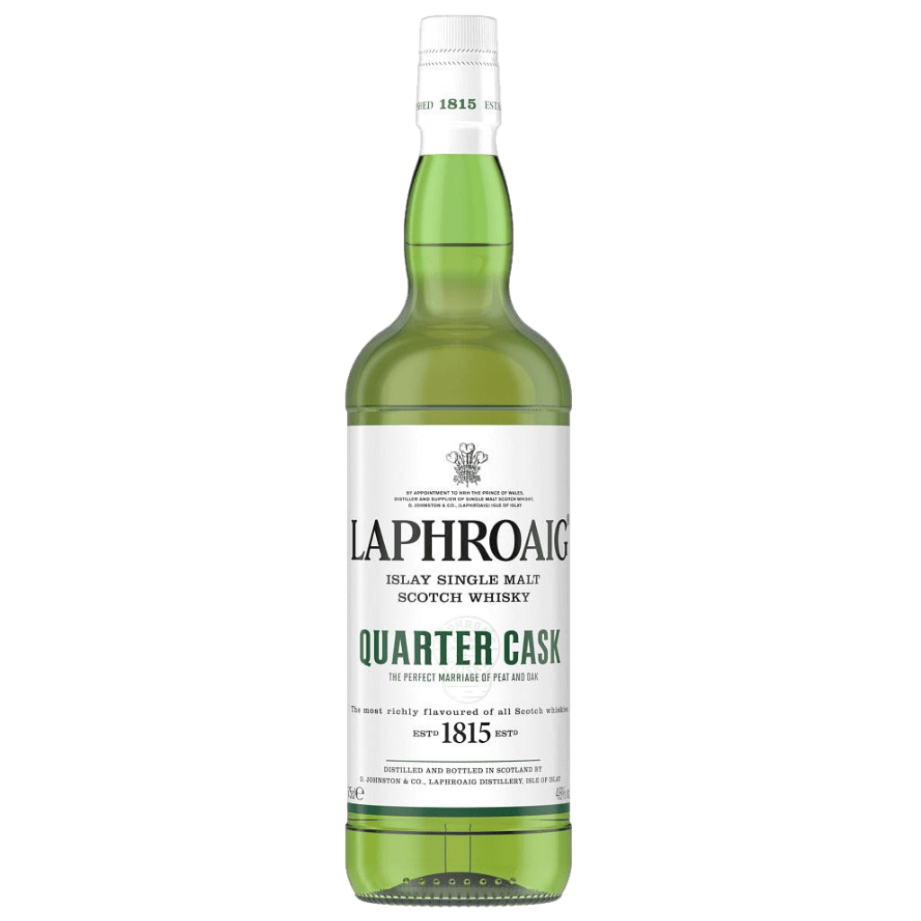 Bottle of Laphroaig Quarter Cask Islay Single Malt Scotch Whisky 750ML standing upright with packaging
