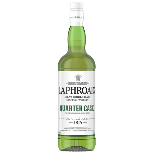 Bottle of Laphroaig Quarter Cask Islay Single Malt Scotch Whisky 750ML standing upright with packaging
