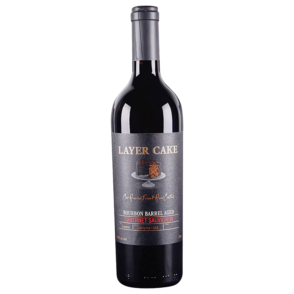Layer Cake Cabernet Sauvignon Bourbon Barrel Aged California 750ml bottle with dark label, premium wine packaging, and rich cabernet color.