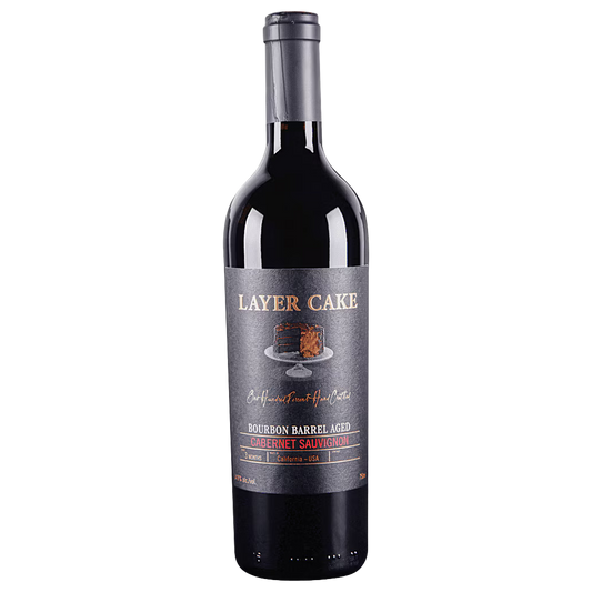 Layer Cake Cabernet Sauvignon Bourbon Barrel Aged California 750ml bottle with dark label, premium wine packaging, and rich cabernet color.