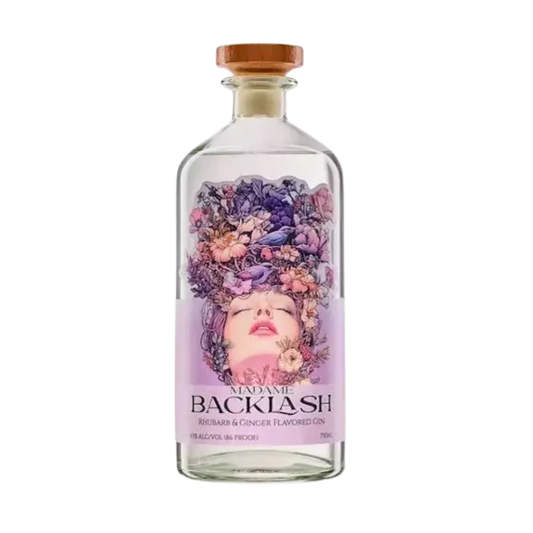 “Bottle of Madame Backlash Rhubarb Ginger Gin with vibrant pink hue and modern label design.”