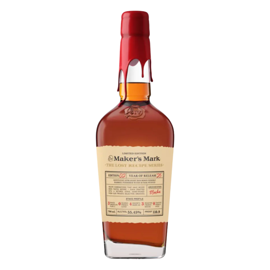 Maker’s Mark Bourbon The Lost Recipe Series Edition #2 bottle standing upright with signature wax seal and vintage-style label.”