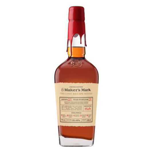 Maker’s Mark Bourbon The Lost Recipe Series Edition #2 bottle standing upright with signature wax seal and vintage-style label.”