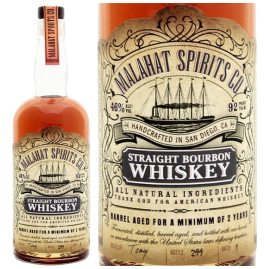 "750ML bottle of Malahat Spirits Co. Straight Bourbon Whiskey 92 Proof with premium craft label"