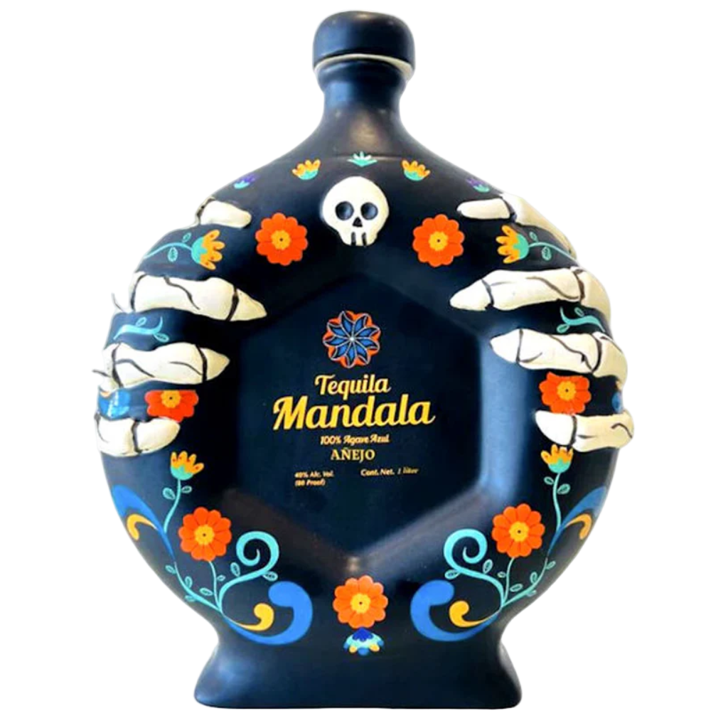 "Mandala Limited Edition Ceramic Día de los Muertos Añejo Tequila 2022 750ML hand-painted collectible bottle"