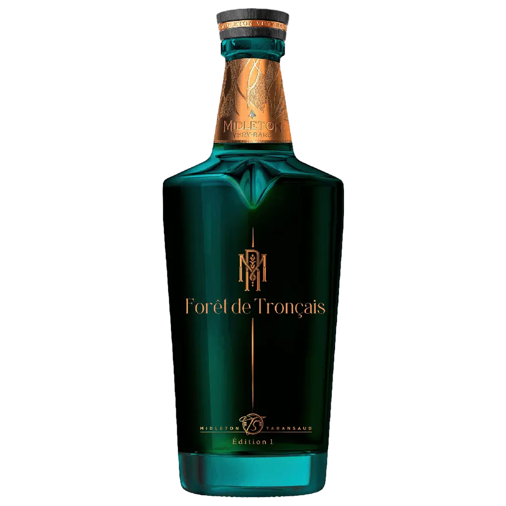 "Midleton Very Rare Forêt de Tronçais Oak Cask Finish Blended Irish Whiskey bottle from County Cork, Ireland, limited edition luxury Irish whiskey."