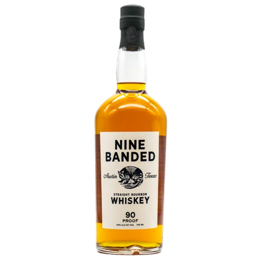 “Bottle of Nine Banded Straight Bourbon 750ML with amber whiskey, Texas-crafted small batch bourbon.”