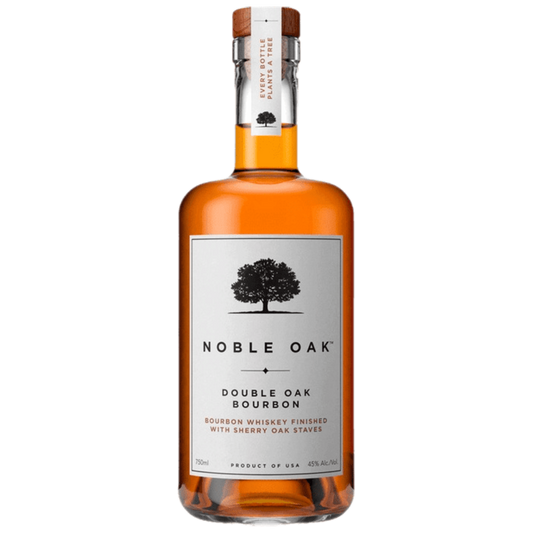 “Noble Oak Double Oak Bourbon 750ML bottle with premium double oak aging and sherry-finished whiskey.”