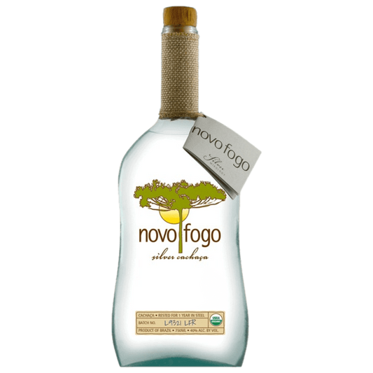 "Novo Fogo Silver Cachaça 750ML bottle – organic Brazilian sugarcane spirit, unaged cachaça ideal for Caipirinhas and cocktails."