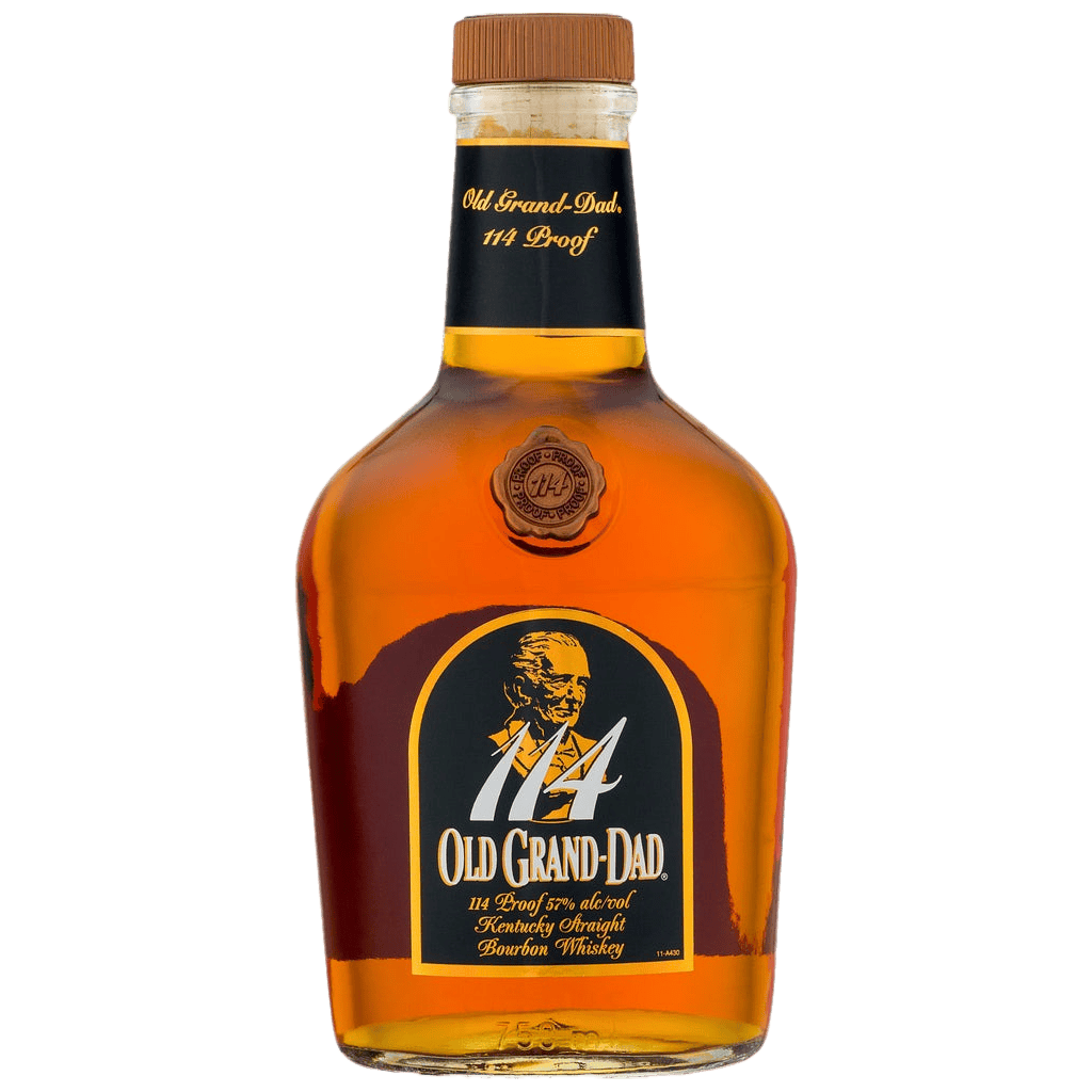 "Old Grand-Dad 114 Proof Kentucky Straight Bourbon Whiskey 750ml bottle with orange label and high-proof bourbon branding."