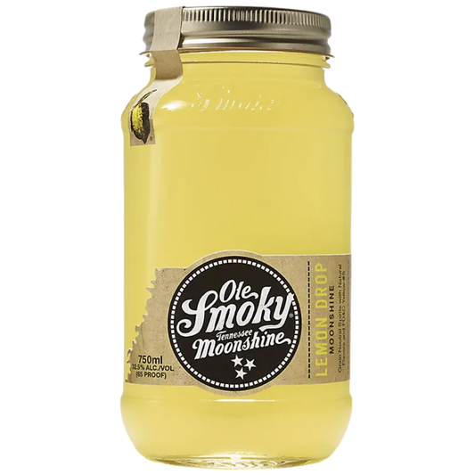 Ole Smoky Moonshine Lemon Drop 750ML bottle with bright yellow label and mason jar design