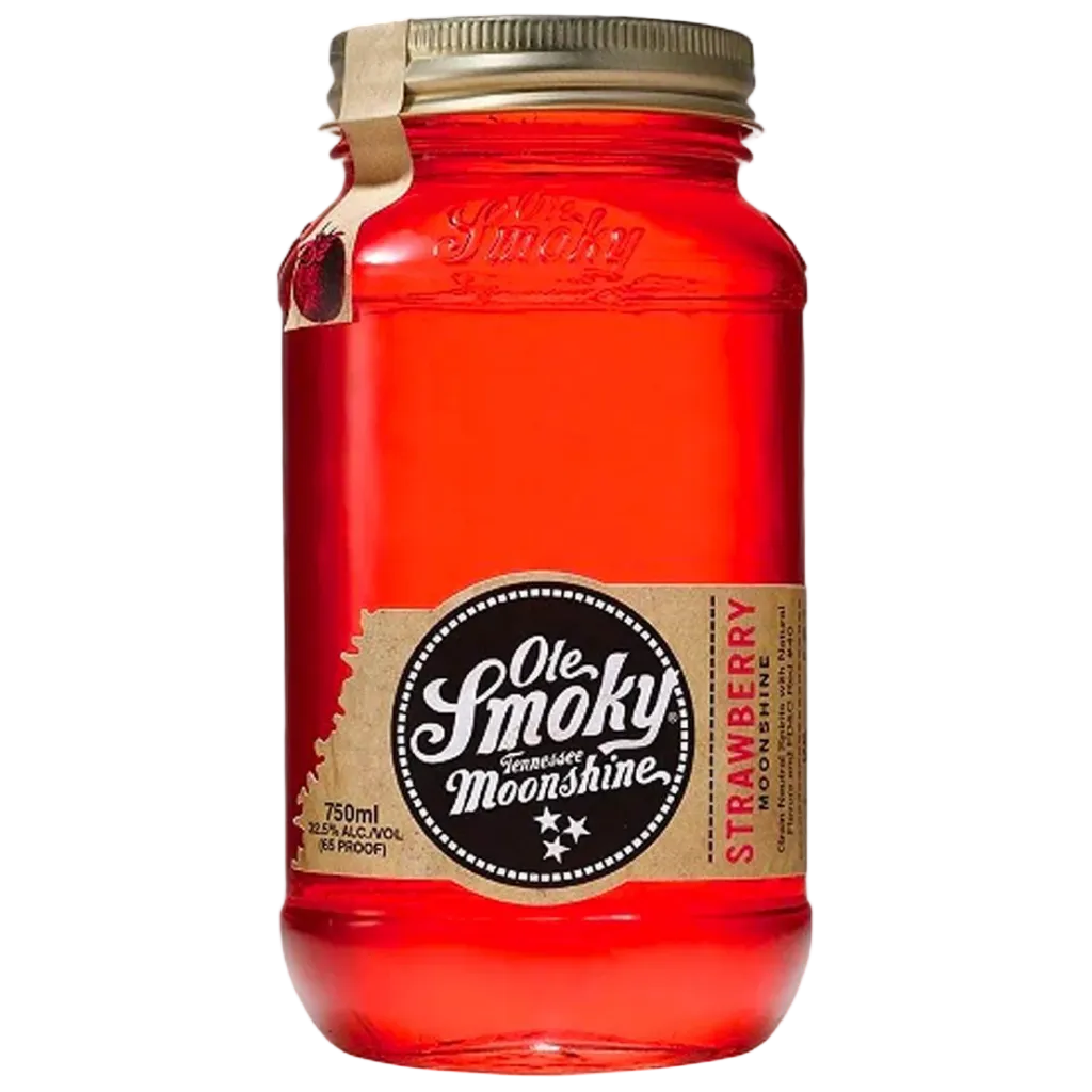 Ole Smoky Strawberry Moonshine 750ML bottle with red label and authentic Tennessee moonshine branding