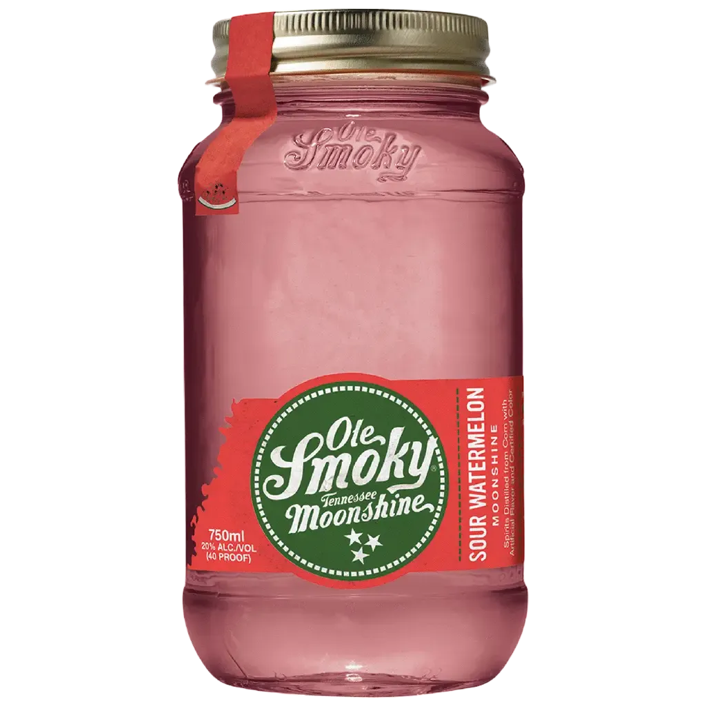 Ole Smoky Sour Watermelon Moonshine 750ML bottle with bold red label and watermelon flavor Tennessee moonshine