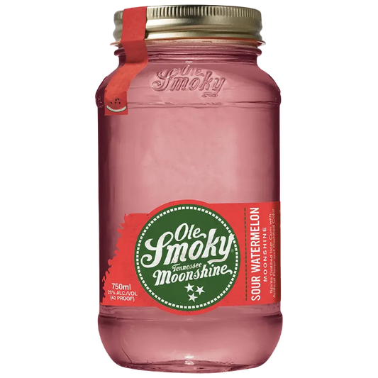 Ole Smoky Sour Watermelon Moonshine 750ML bottle with bold red label and watermelon flavor Tennessee moonshine