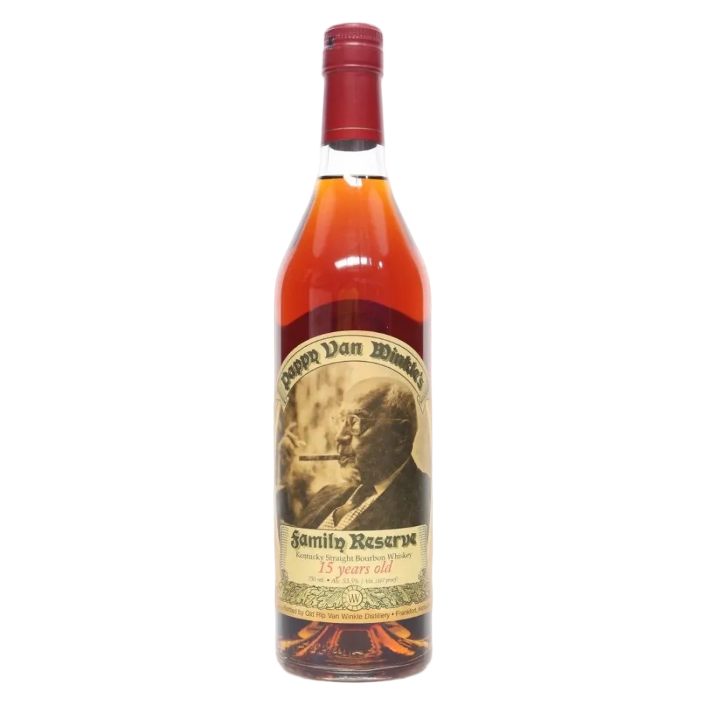 “Pappy Van Winkle 15 Year Bourbon 750ML bottle – rare Kentucky bourbon with premium packaging.”