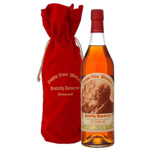 “Bottle of Pappy Van Winkle’s 20 Year Family Reserve 750ML bourbon whiskey with premium packaging.”