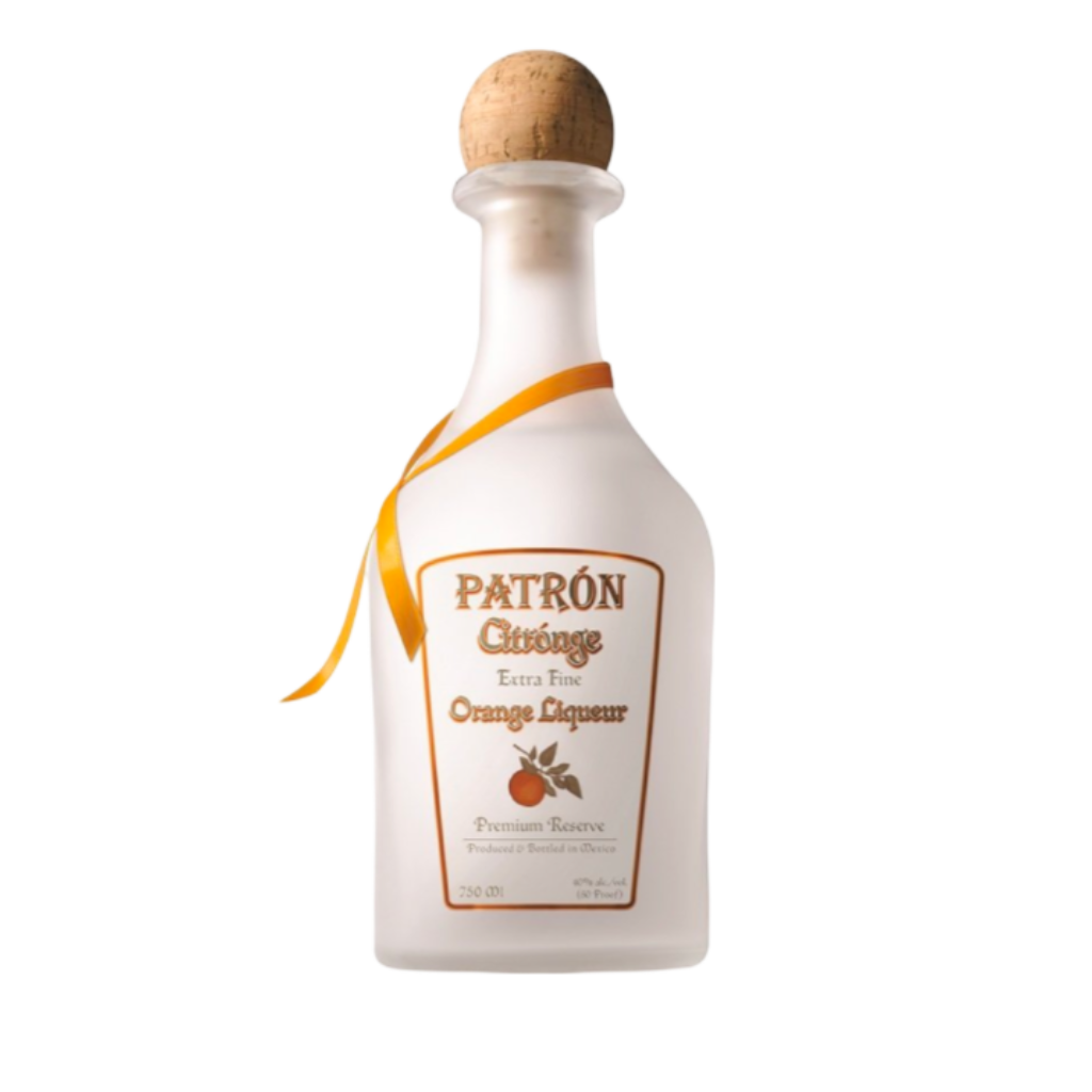 “Patron Citronge Orange Liqueur 750ML bottle with clear glass, silver cap, and bright orange labeling.”