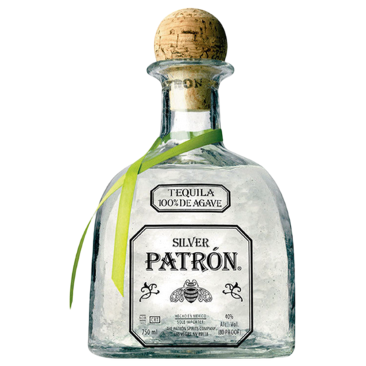 “Patrón Silver Tequila 750ML bottle – premium crystal-clear tequila made from 100% Blue Weber Agave.”