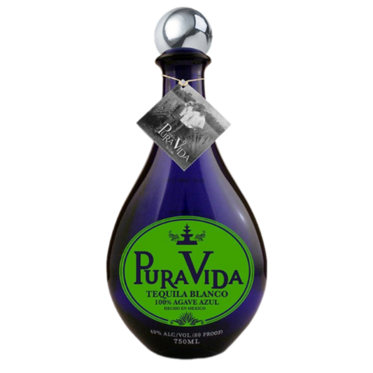 Pura Vida Tequila Silver 100% de Agave 750ML bottle with clear glass and premium label
