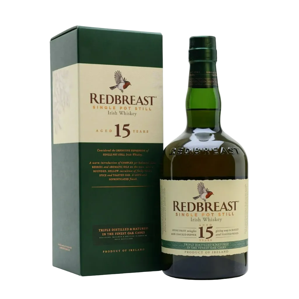 Redbreast 15 Year Old Irish Single Pot Still Whiskey 750ml bottle with premium label and packaging