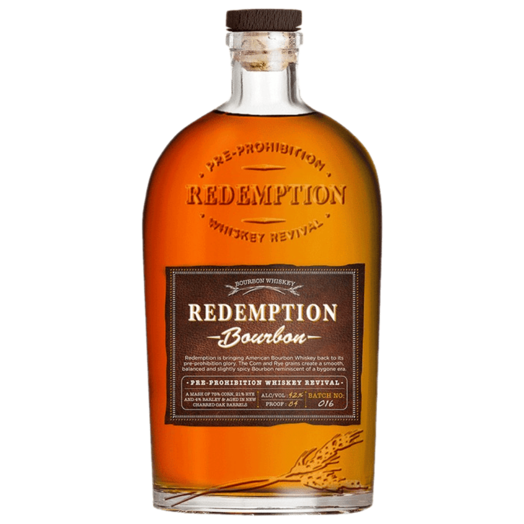 Redemption Bourbon Whiskey 750ML bottle featuring amber bourbon in a tall glass bottle with red and white label