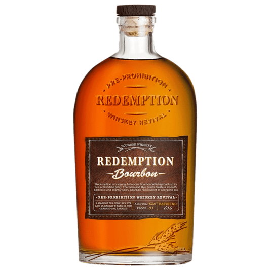 Redemption Bourbon Whiskey 750ML bottle featuring amber bourbon in a tall glass bottle with red and white label