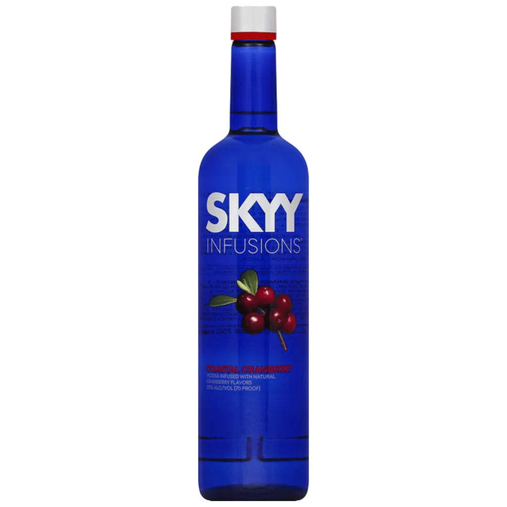 SKYY Vodka Infusion Coastal Cranberry 750ML bottle with sleek blue glass design and cranberry-infused vodka flavor