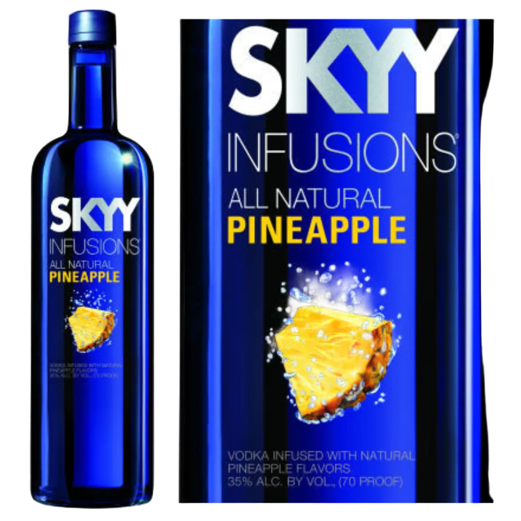SKYY Vodka Infusion Pineapple 750ML bottle with tropical pineapple flavor vodka on white background