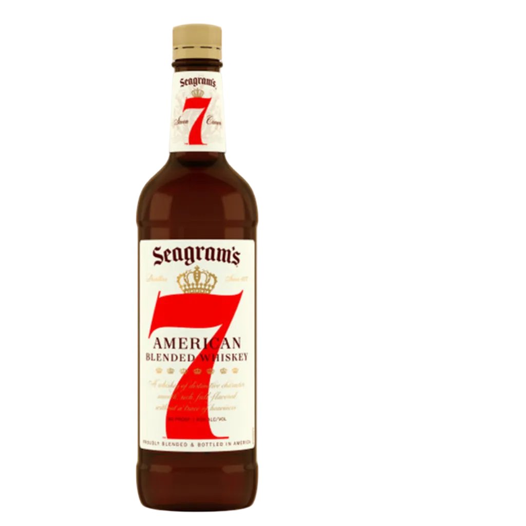 Seagram's Seven Crown American Blended Whiskey 750ML bottle with classic label and amber whiskey inside