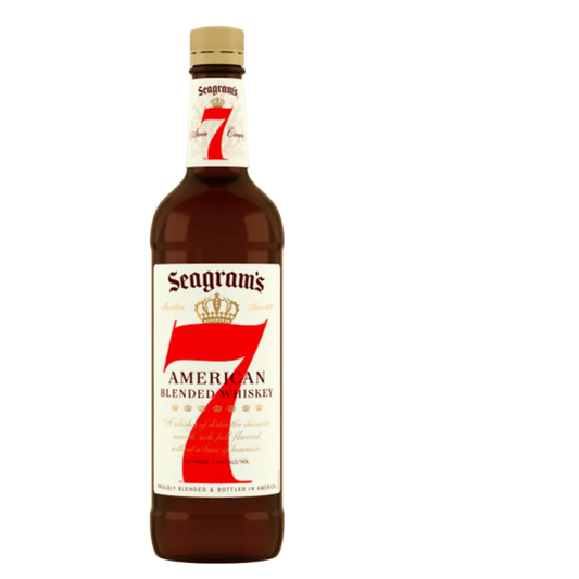 Seagram's Seven Crown American Blended Whiskey 750ML bottle with classic label and amber whiskey inside