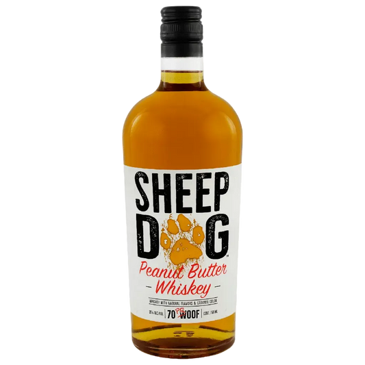 Sheep Dog Peanut Butter Whiskey 750ml bottle with bold label, flavored American whiskey infused with rich peanut butter flavor