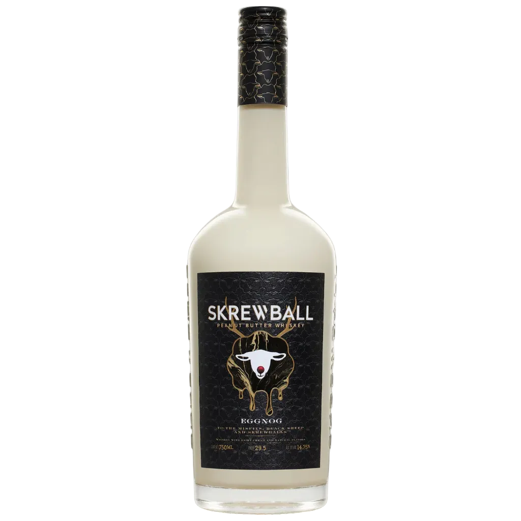 Skrewball Eggnog Peanut Butter Whiskey 750ML bottle featuring holiday-inspired peanut butter flavored whiskey