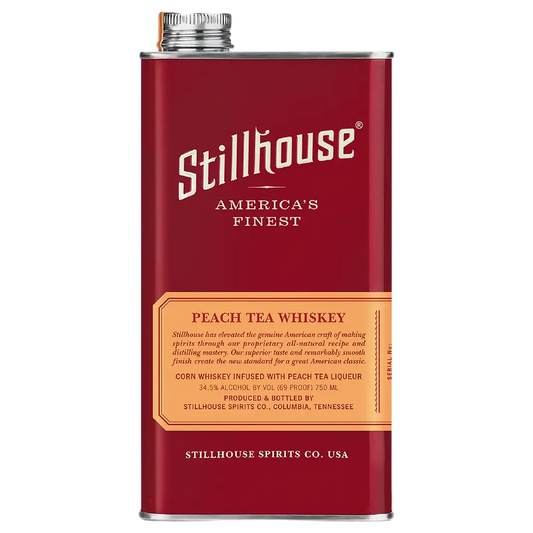 Stillhouse Peach Tea Whiskey 750ML stainless steel bottle with peach-flavored whiskey branding