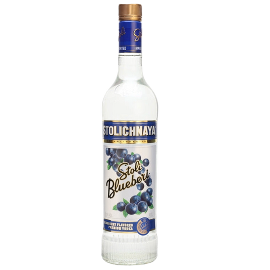 Stolichnaya Blueberi Flavored Premium Vodka 750ML bottle with blue label and natural blueberry flavor