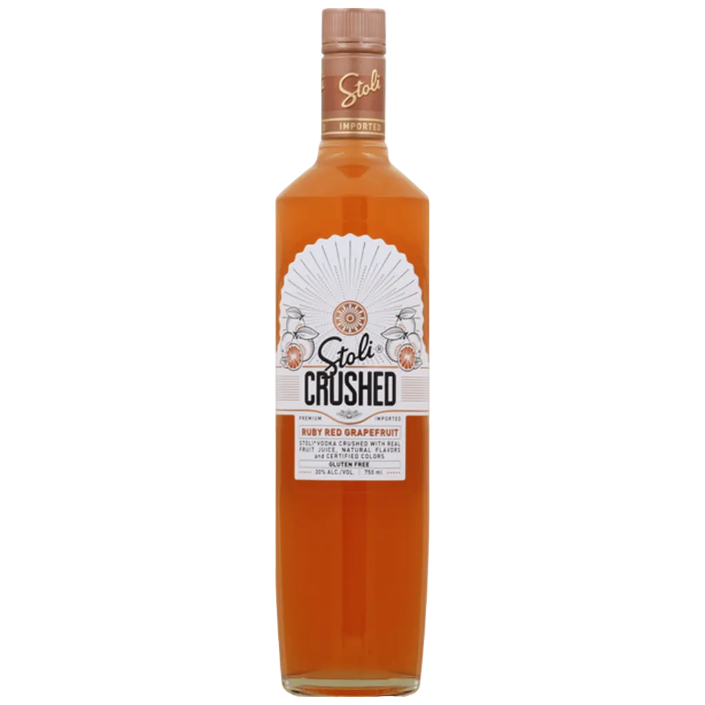 Stolichnaya Crushed Ruby Red Grapefruit Premium Vodka 750ml bottle with vibrant pink label and citrus grapefruit flavor