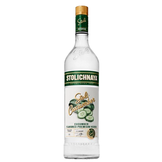 Stolichnaya Cucumber Flavored Premium Vodka 750ML bottle with green cucumber-accented label on a white background