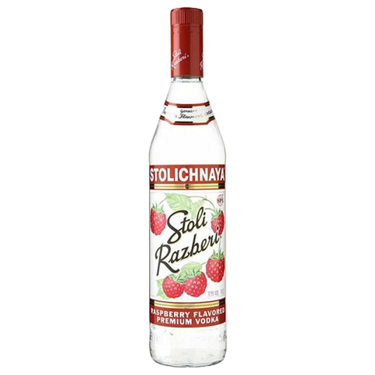 Stolichnaya Razberi Flavored Russian Vodka 75 Proof 750ml bottle with red raspberry label