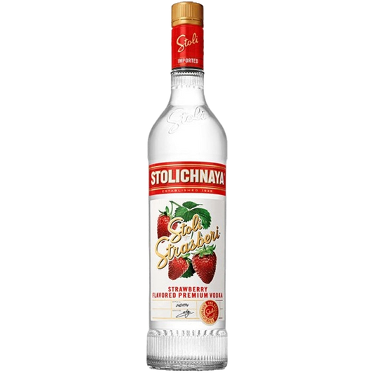 Stolichnaya Strasberi Flavored Premium Vodka 750ml bottle with red label and strawberry accents
