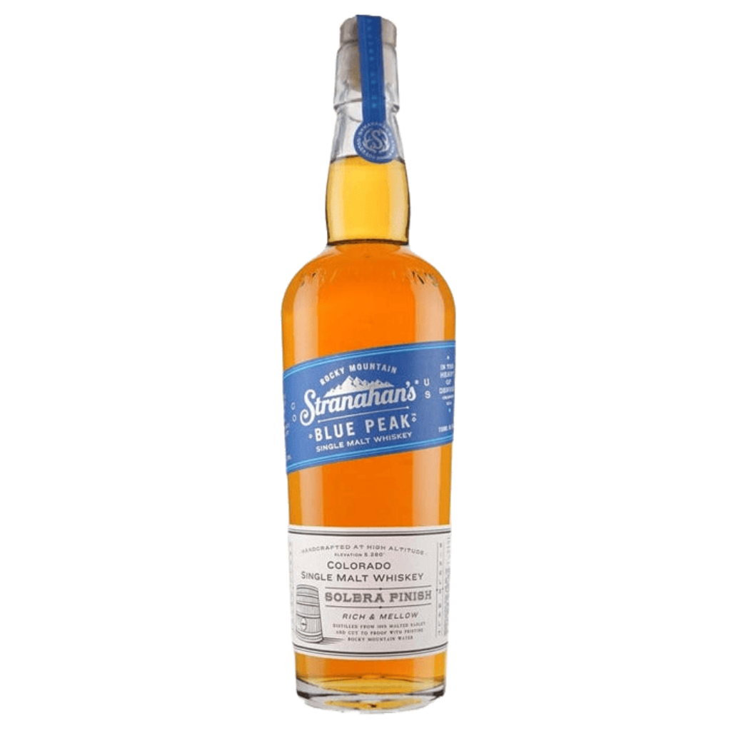 Stranahan's Rocky Mountain Blue Peak Colorado Single Malt Whiskey 750ML bottle on white background