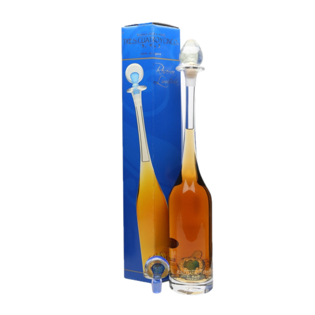 TRES CUATRO Y CINCO Tequila Special Family Blend Extra Añejo 750ml premium Mexican tequila bottle