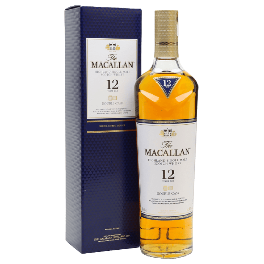 The Macallan 12 Year Double Cask 750ML single malt Scotch whisky bottle with amber color and premium packaging
