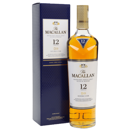 The Macallan 12 Year Double Cask 750ML single malt Scotch whisky bottle with amber color and premium packaging