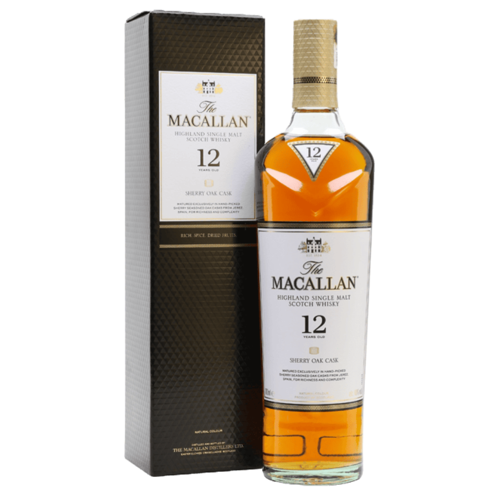 The Macallan 12 Year Old Sherry Oak Single Malt Scotch Whisky 750ml bottle with rich amber color