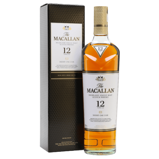 The Macallan 12 Year Old Sherry Oak Single Malt Scotch Whisky 750ml bottle with rich amber color