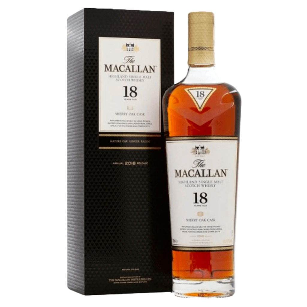 The Macallan 18 Year Old Sherry Oak 750ML single malt Scotch whisky bottle from Speyside Scotland